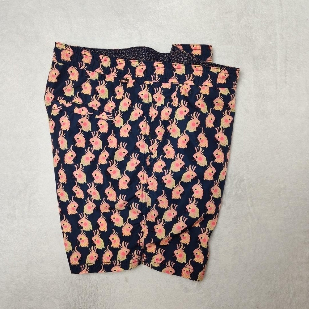 Scotch & Soda Swim Trunks Mens M Blue Cockatoo Print 5" Lined Drawstring Mesh